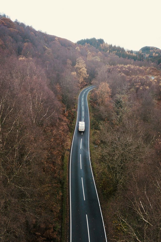 Drone shot of a road in the Trossachs, Scotland