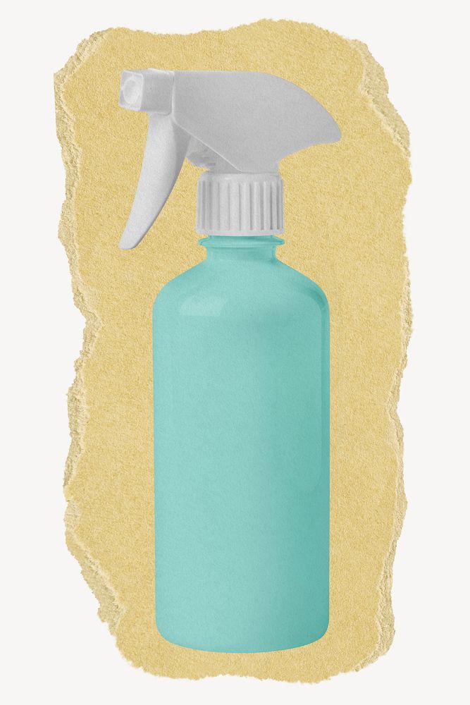 Green spray bottle, ripped paper collage element