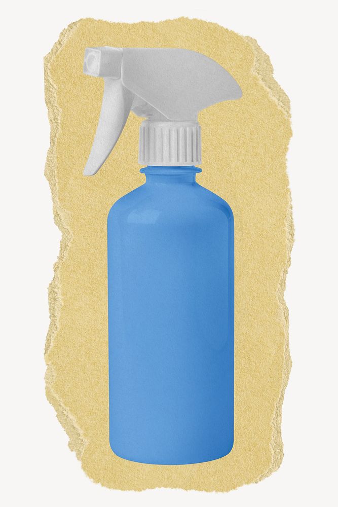 Blue spray bottle, ripped paper collage element