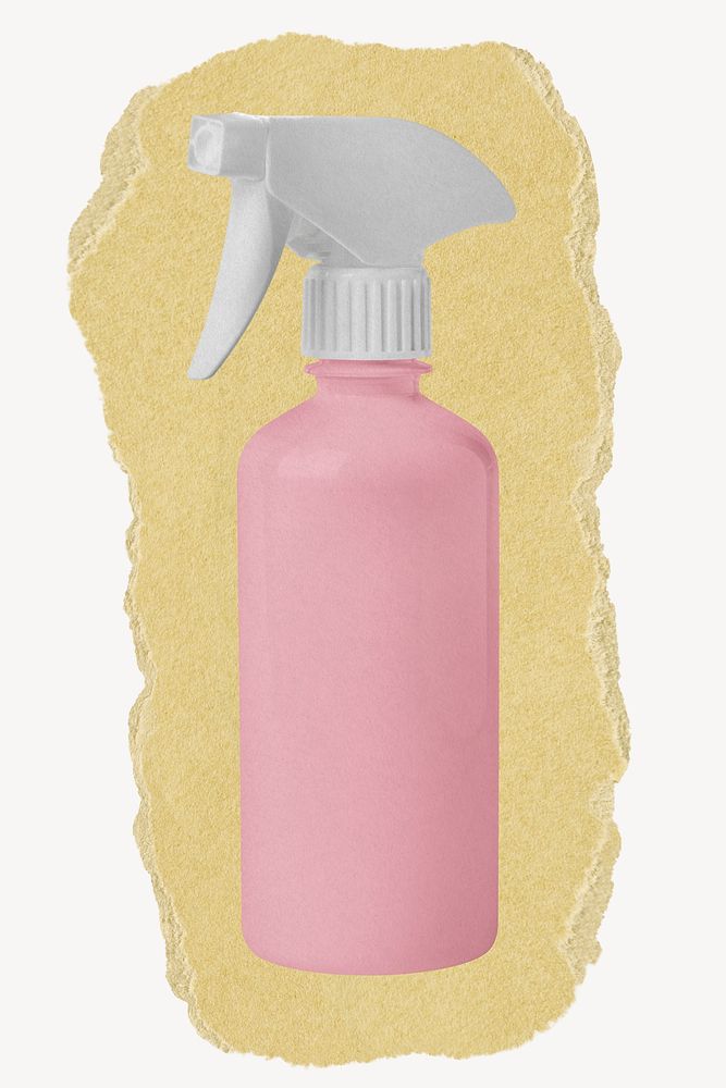 Pink spray bottle, ripped paper collage element