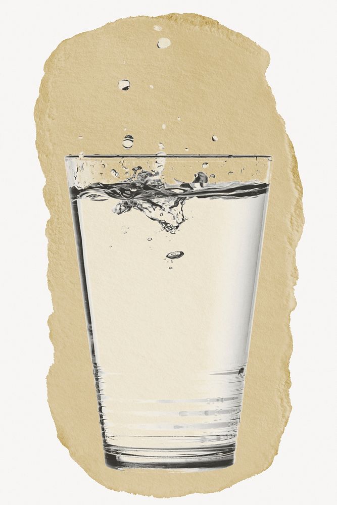 Water glass, beverage on torn paper