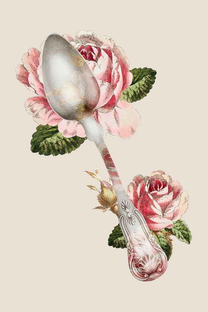 Vintage silver spoon vector with flower illustration, remixed from public domain collection