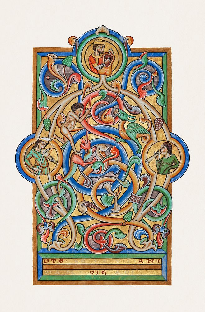 Initial A: David and Companion Musicians (1170s) painting. Original from Getty Museum. Digitally enhanced by rawpixel.