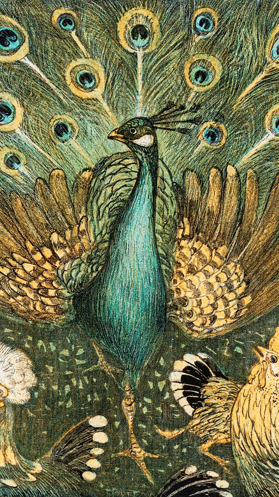 Vintage peacock mobile wallpaper, iPhone background, remix from the artwork of Theo van Hoytema