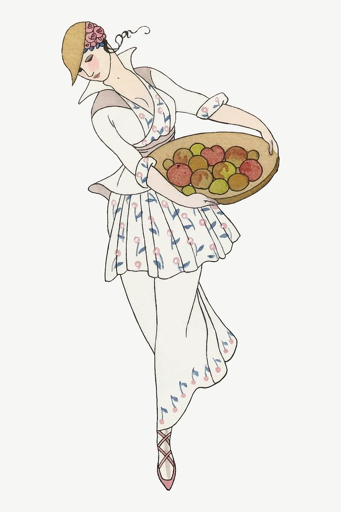 Woman holding apples vector 19th century fashion, remix from artworks by George Barbier