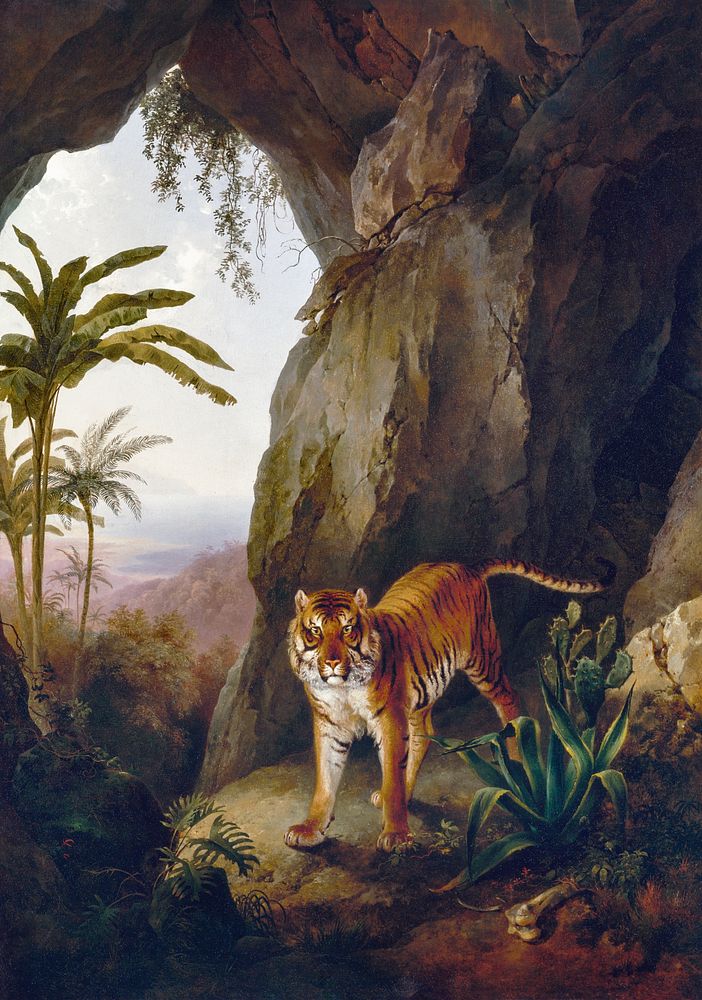 Tiger in a Cave (ca. 1814) painting in high resolution by Jacques&ndash;Laurent Agasse. Original from The Yale University…