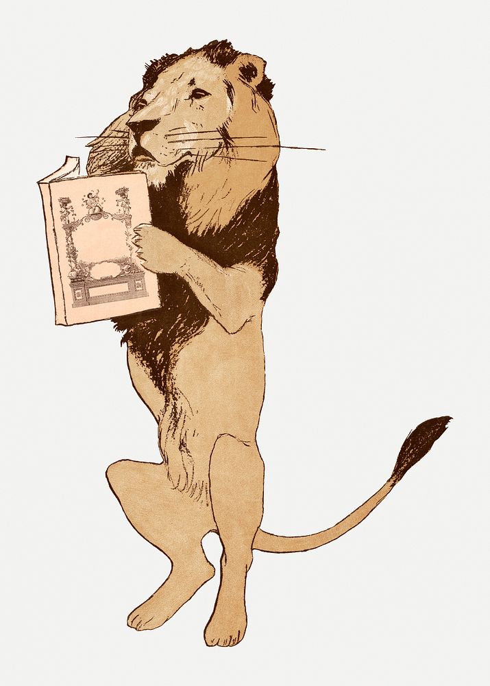 Lion reading a book psd vintage illustration, remixed from artworks by Edward Penfield