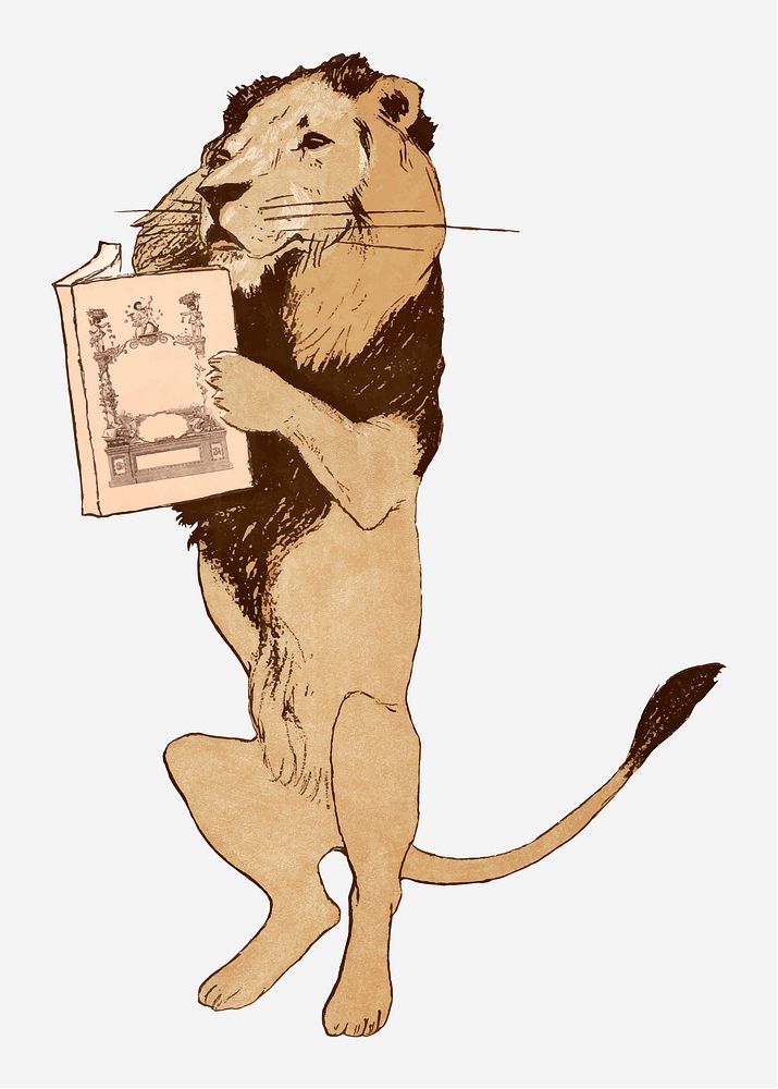 Lion reading a book vector vintage illustration, remixed from artworks by Edward Penfield