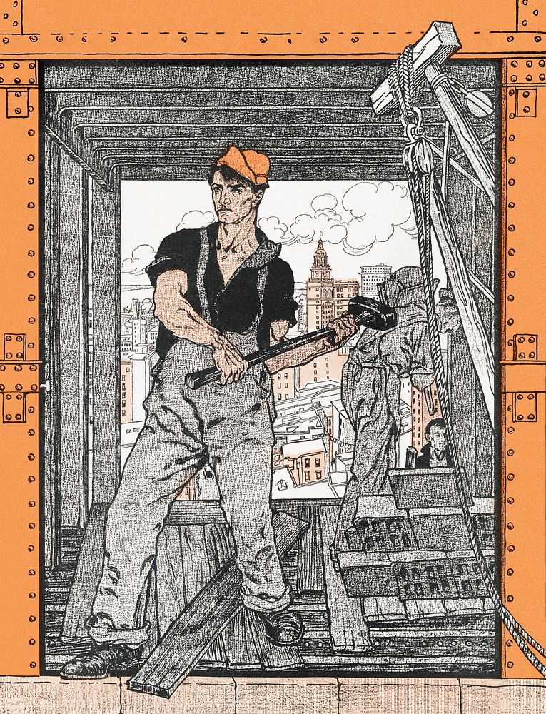 Vintage construction worker illustration, remixed from artworks by Edward Penfield