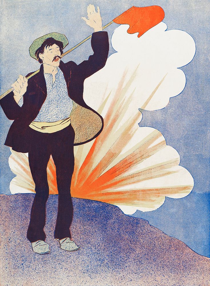 Vintage workman with a red flag illustration, remixed from artworks by Edward Penfield