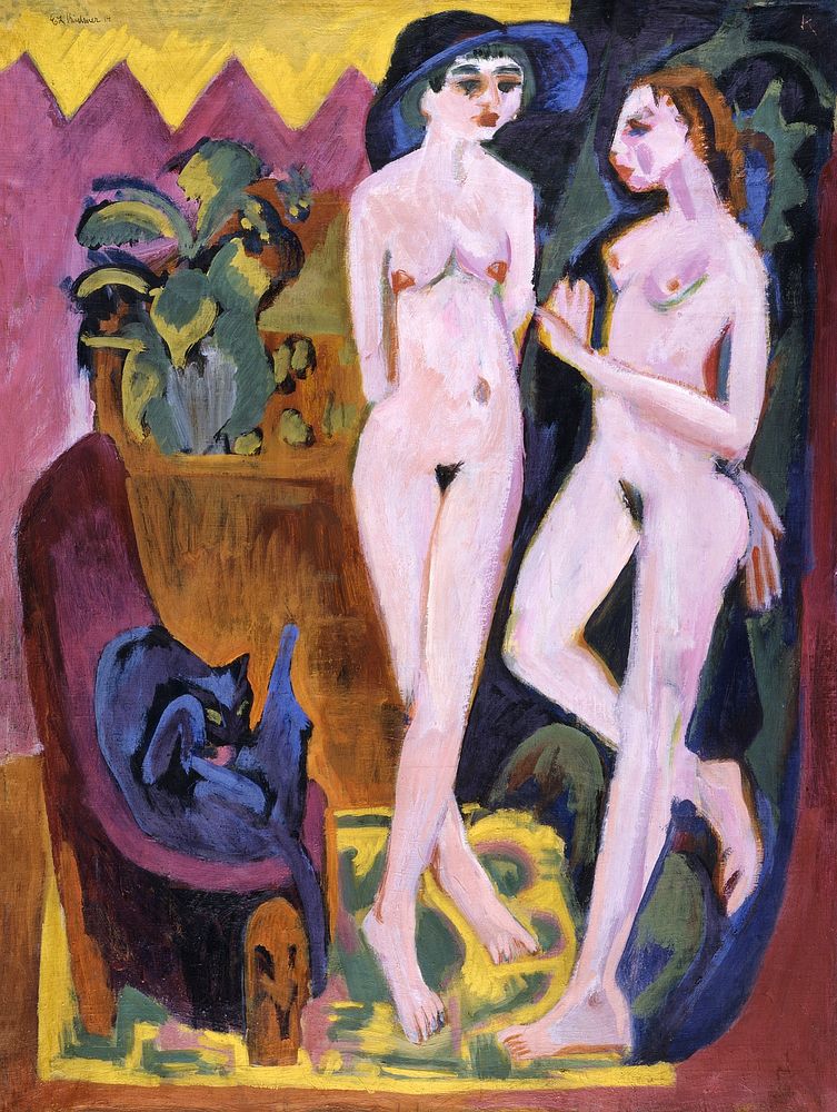 Two Nudes in a Room (1914) painting in high resolution by Ernst Ludwig Kirchner. Original from The Los Angeles County Museum…