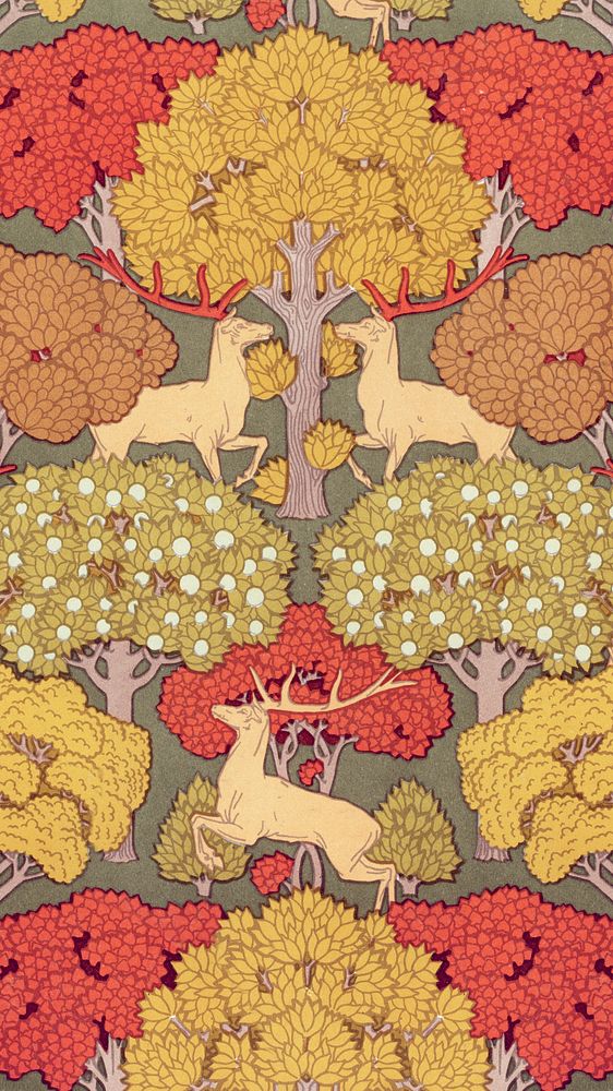 Vintage art mobile wallpaper, iPhone background, Deer and trees painting, remix from the artwork of Maurice Pillard Verneuil