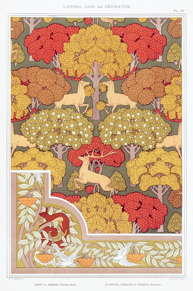 Cerfs et arbres, papier peint. &Eacute;cureuil oiseaux et sorbier, bordure from L'animal dans la d&eacute;coration (1897)…