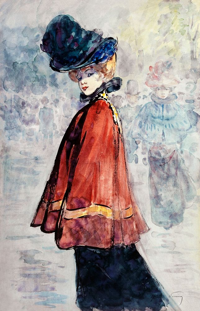 Elegant in red cape (1890-1900) painting in high resolution by Henry Somm. Original from The Public Institution Paris…