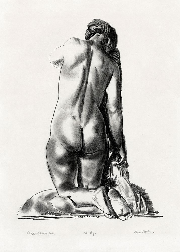 Nude study, woman kneeling on a pillow (study) (1923&ndash;1924) print in high resolution by George Wesley Bellows. Original…