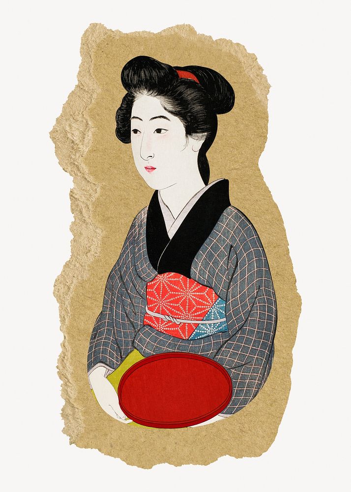 Japanese woman illustration, vintage artwork, ripped paper badge