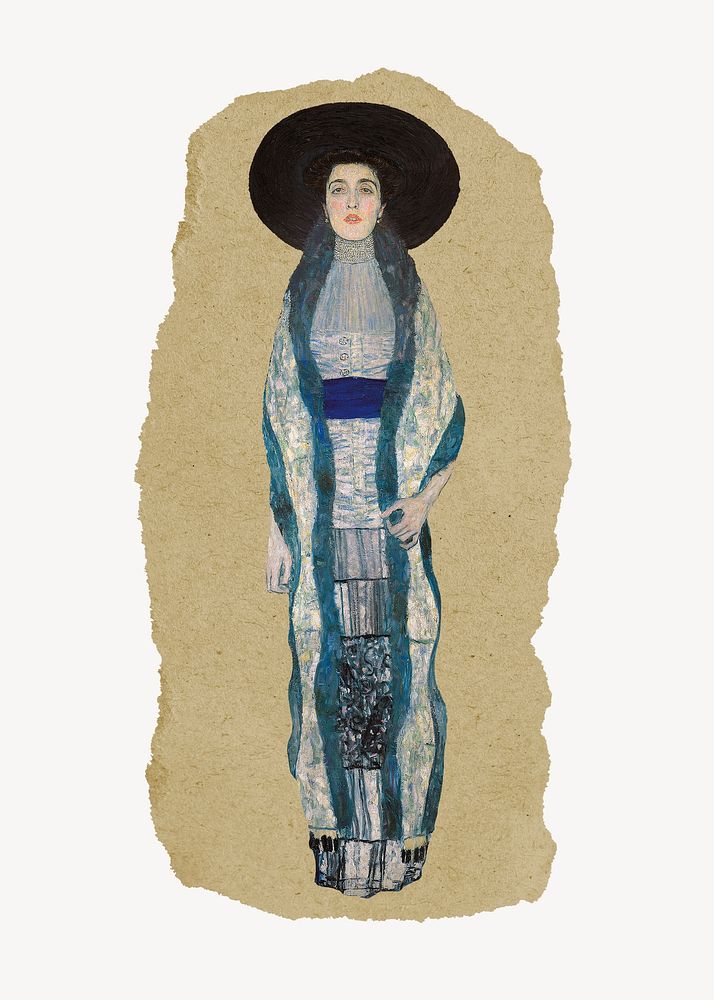 Woman illustration, Gustav Klimt-inspired vintage artwork, ripped paper badge