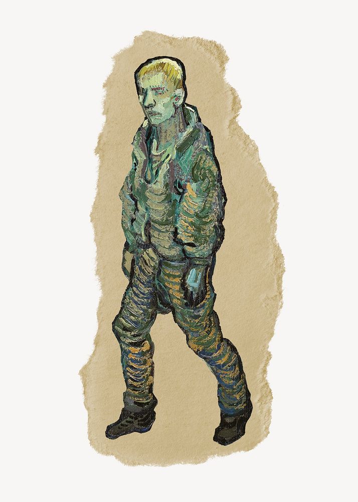 Prisoner illustration, Van Gogh-inspired vintage artwork, ripped paper badge, remixed by rawpixel