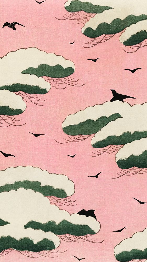 Vintage mobile wallpaper, iPhone background, Pink sky illustration from Bijutsu Sekai, remix from the artwork of Watanabe…