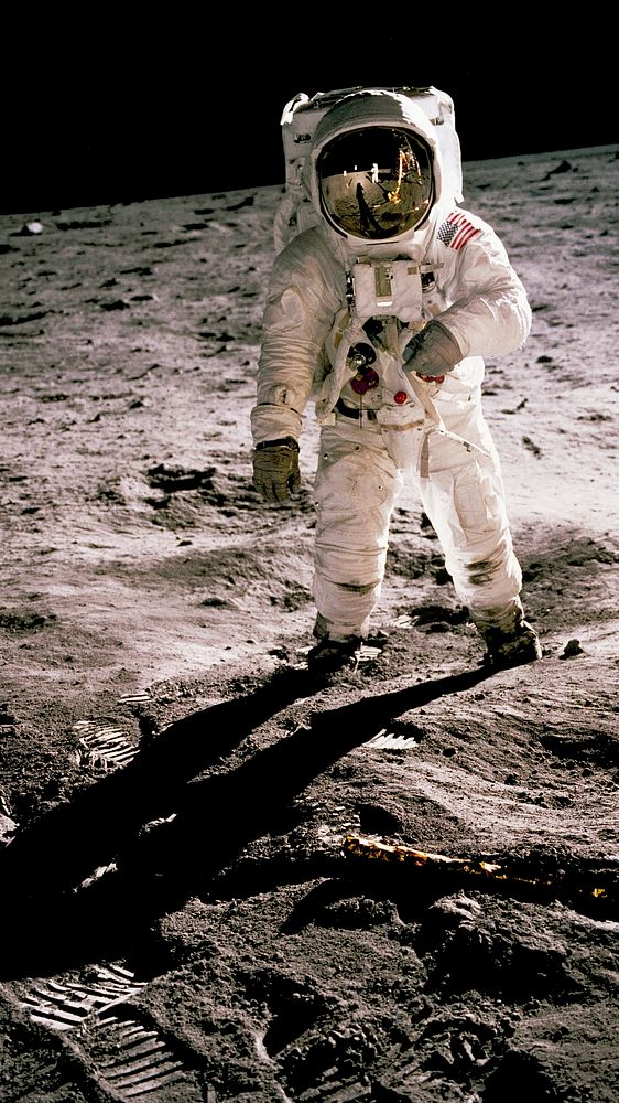 Astronaut mobile wallpaper, iPhone background, Edwin Aldrin walking on the lunar surface, remix from the artwork of NASA
