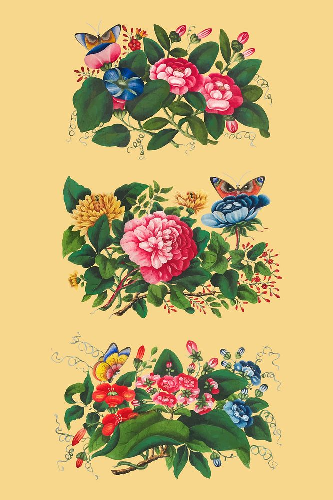 Beautiful vintage Chinese flower arrangement set vector