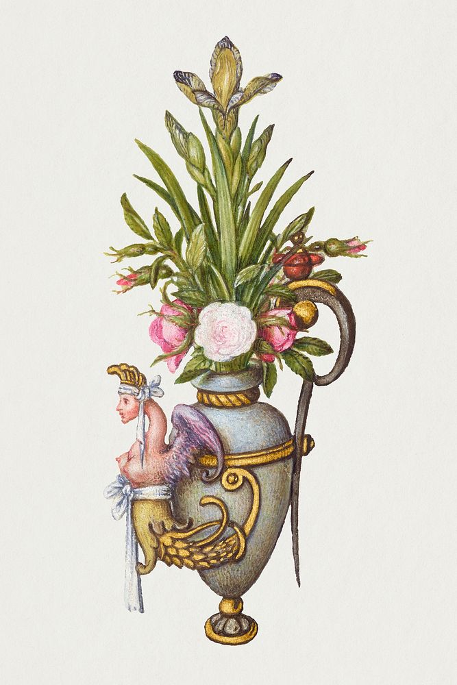 Blooming iris flower in vintage vase psd hand drawn