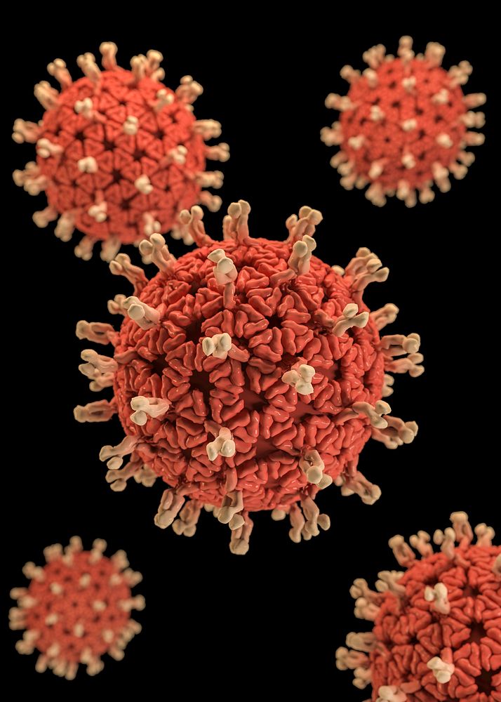 A 3D graphical representation of a number of Rotavirus virions, set against a black background.