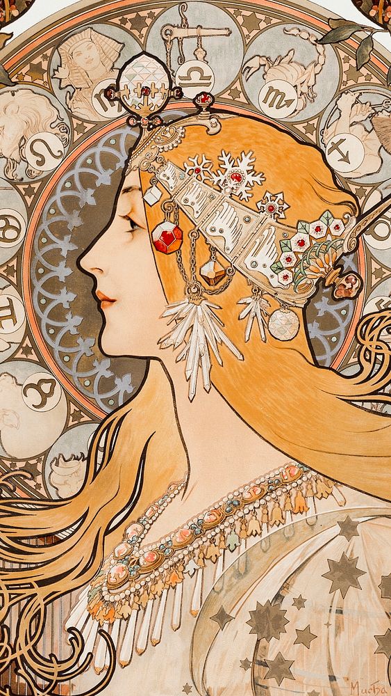 Vintage mobile wallpaper, iPhone background, Zodiaque or La Plume, remix from the artwork of Alphonse Maria Mucha