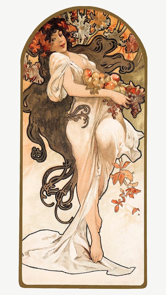 Art nouveau autumn woman vector, remixed from the artworks of Alphonse Maria Mucha