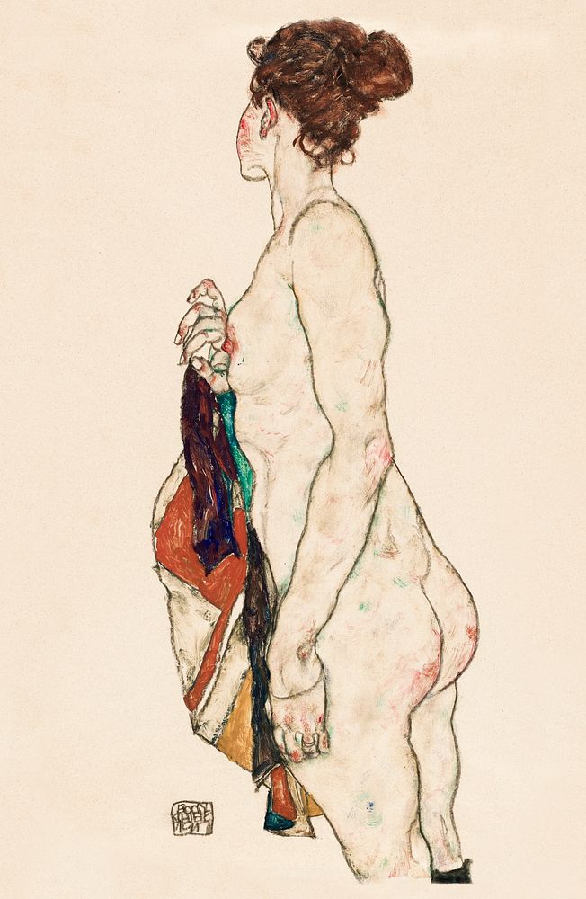 Standing Nude woman with a Patterned Robe (1917) by Egon Schiele. Original female line art drawing female painting from The…