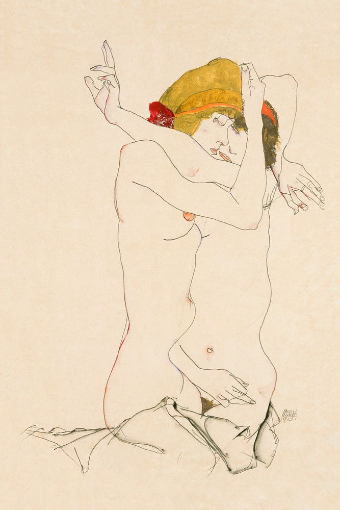 Two Women Embracing (1913) by Egon Schiele. Original female line art drawing from The MET museum. Digitally enhanced by…