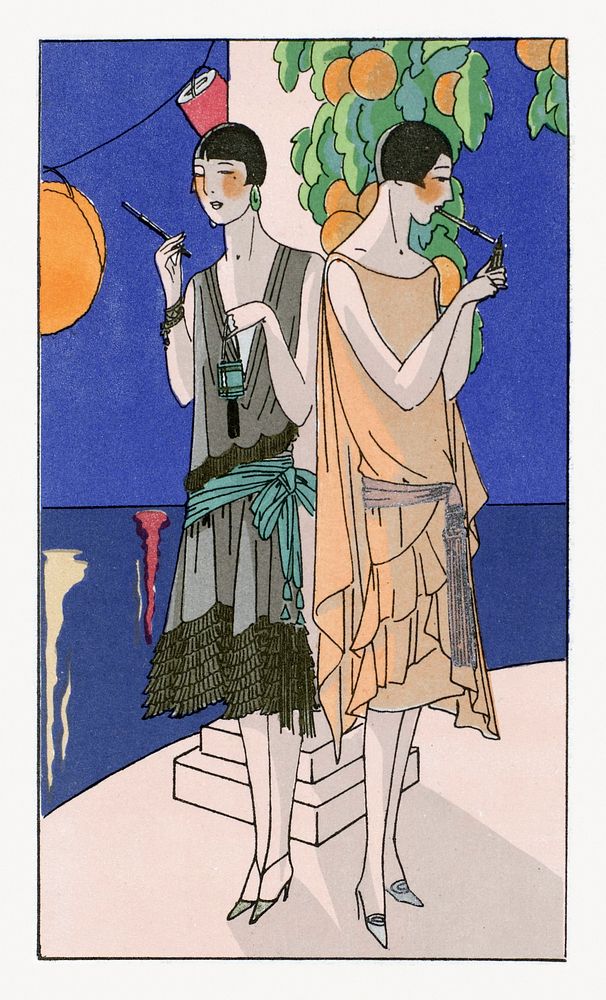 Two young women smoking cigarettes through a cigarette holder (1926) fashion illustration in high resolution by Premet and…
