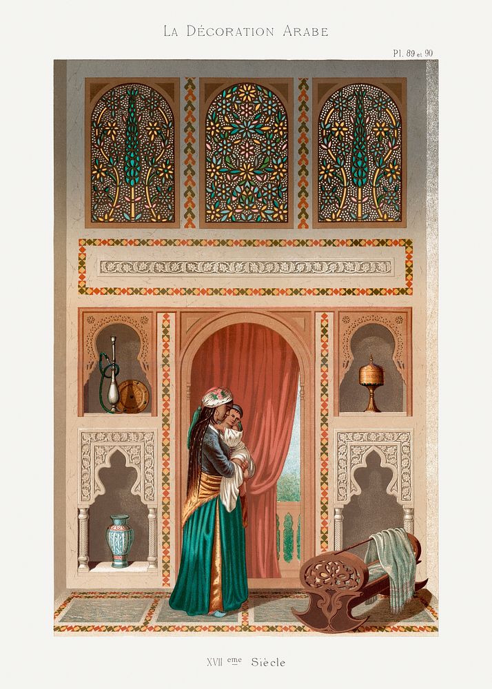 Vintage arabesque nursery lithograph plate no. 89 & 90, Emile Prisses d&rsquo;Avennes, La Decoration Arabe. Digitally…