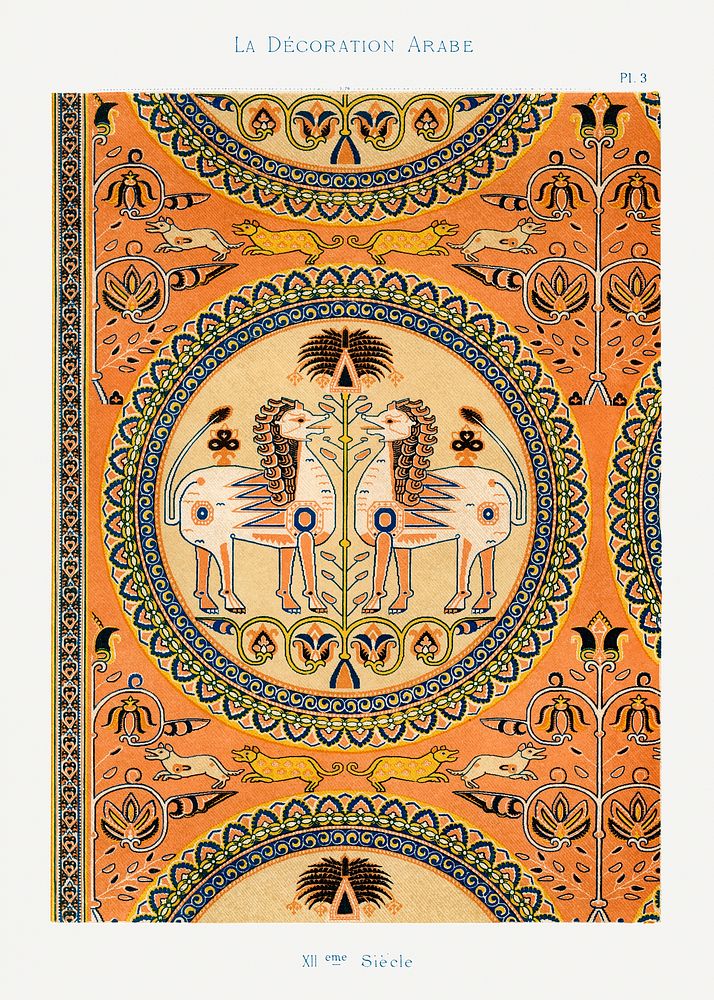 Vintage arabesque decoration, plate no. 3, Emile Prisses d&rsquo;Avennes, La Decoration Arabe. Digitally enhanced lithograph…
