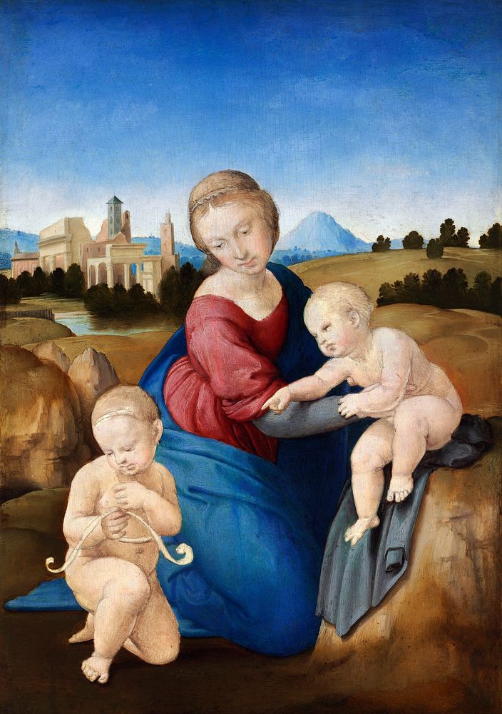 Raphael's Madonna and Child with the Infant Saint John (1508) famous painting. Original from Wikimedia Commons. Digitally…