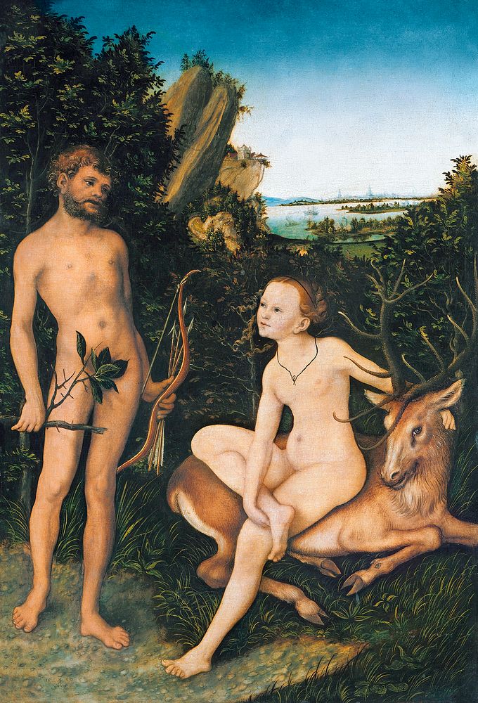 Lucas Cranach's Apollo and Diana (1530) famous painting. Original from Wikimedia Commons. Digitally enhaced by rawpixel.