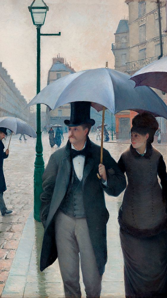 Vintage mobile wallpaper, iPhone background, Paris Street Rainy Day painting, remix from the artwork of Gustave Caillebotte