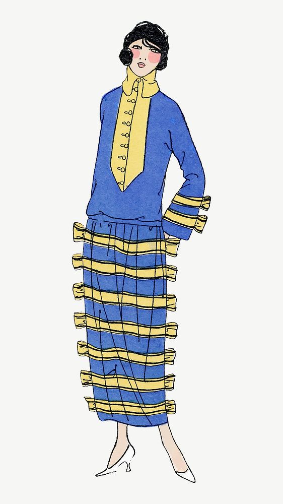 Woman vector in blue flapper dress, remixed from vintage illustration published in Très Parisien