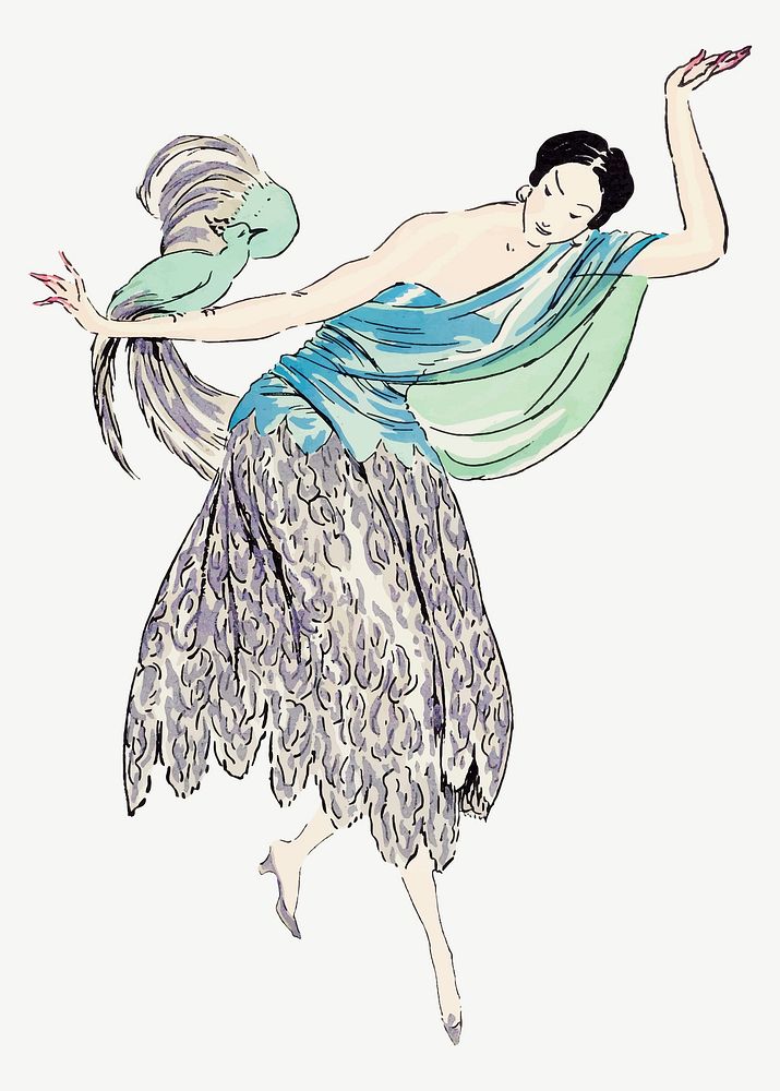 Flapper woman with bird vector, remixed from vintage illustration published in Gazette du Bon Ton
