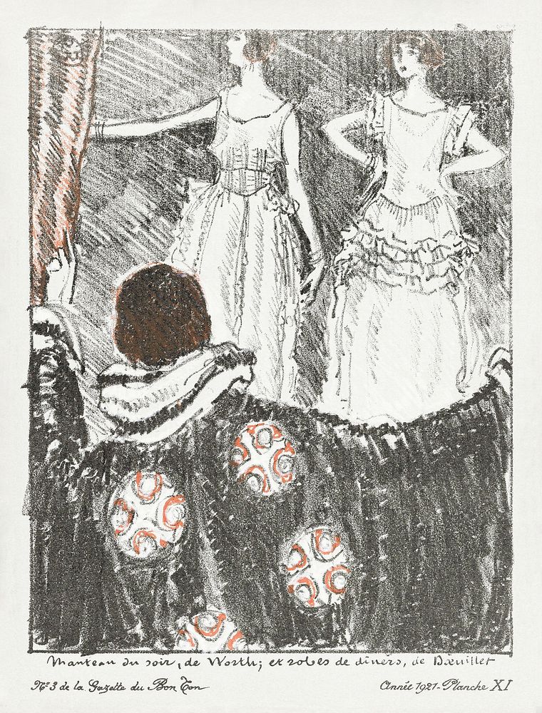 Manteau du soir, de Worth et robes de d&icirc;ners, de Doeuillet (1921) by Porter Woodruff, published in Gazette du Bon Ton.…