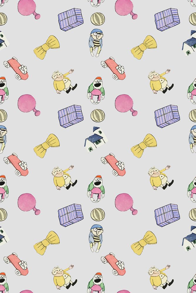 Pattern background vector featuring toys and bows, remixed from artworks by Charles Martin