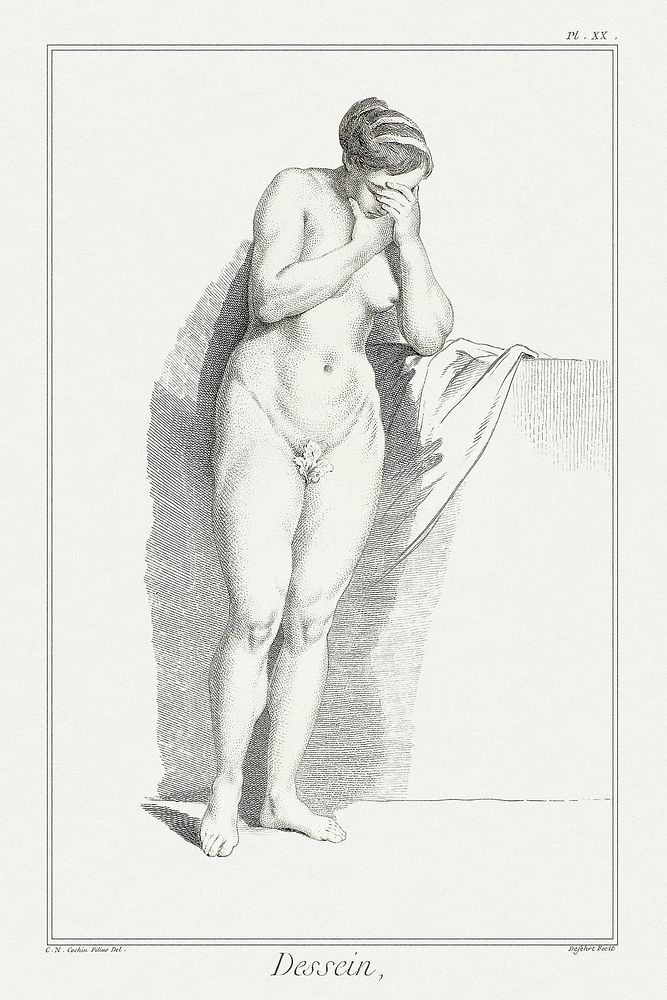 Naked woman posing sensually, vintage erotic art. Design: Figure from Encyclop&eacute;di (1762-1777) by A. J. Defehrt.…
