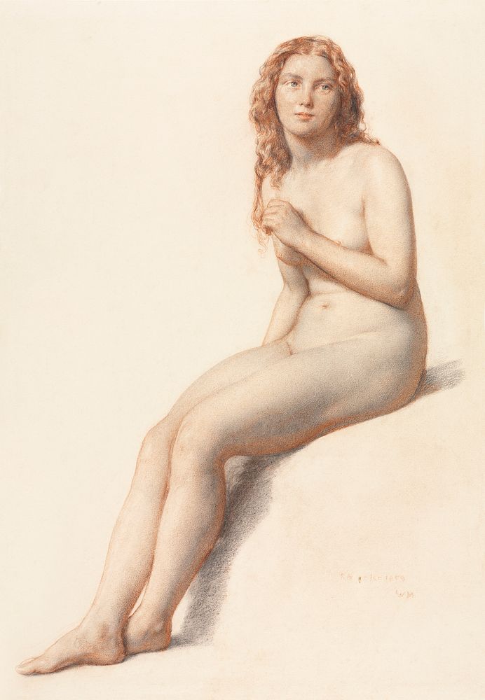 Naked woman posing sensually, vintage erotic art. Female Nude, Seated, Three Quarter View from Front (1859) by William…