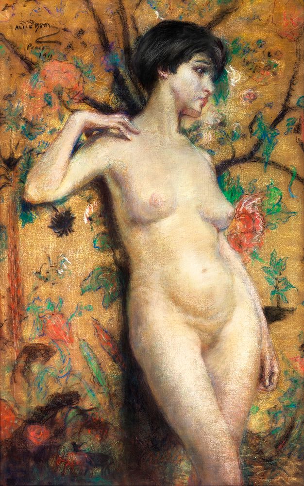 Naked woman showing her breasts, vintage erotic art. Nude against Screen (1911) by Alice Pike Barney. Original from The…