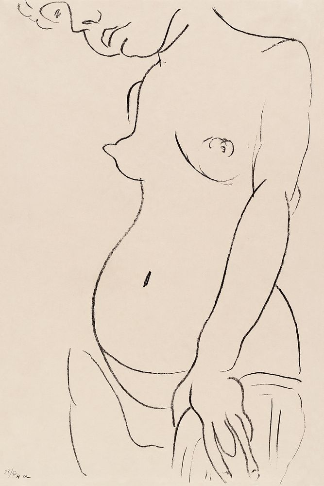 Naked woman showing her breasts, vintage erotic art. Nude three quarters, part of head cropped (1913) by Henri Matisse.…