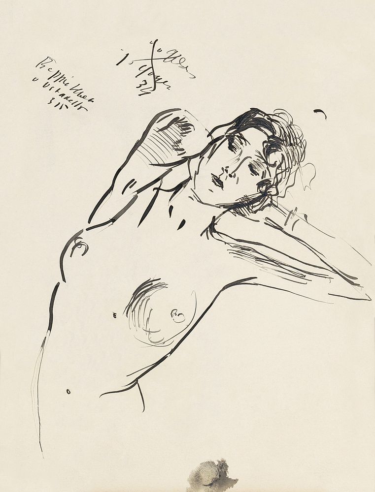 Naked woman showing her breasts, vintage nude illustration. Vrouwelijk naakt (1875&ndash;1934) by Isaac Israels. Original…
