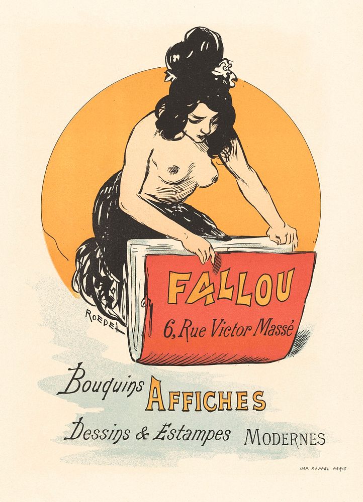 Naked woman showing her breasts, vintage nude illustration. Affiche voor boek- en prenthandel Fallou te Parijs…