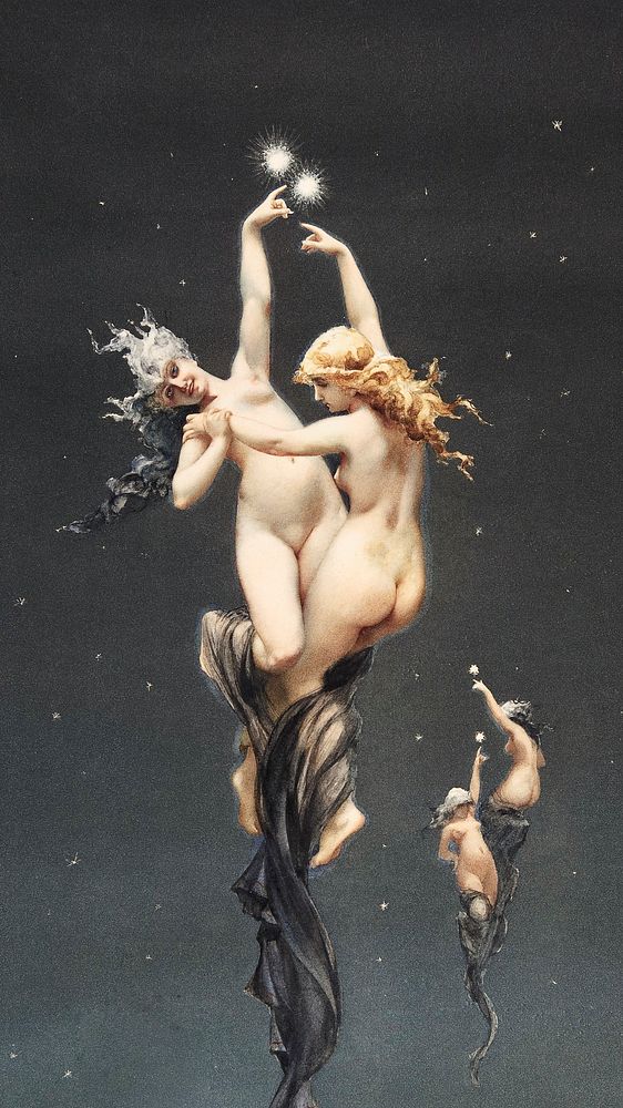 Vintage nude mobile wallpaper, iPhone background, Twin Stars, remix from the artwork of Luis Falero