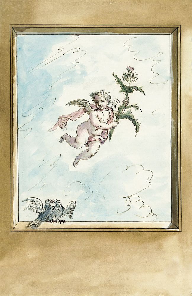 Ontwerp voor een plafondschildering met een putto en twee tortelduiven (ca. 1677&ndash;1755) by Elias van Nijmegen Original…