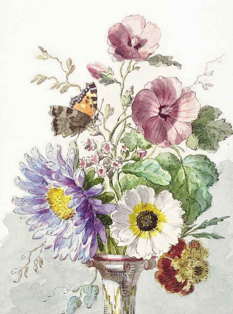 Bouquet of Flowers with a Butterfly in high resolution by William van Leen (1763&ndash;1825). Original from The Rijksmuseum.…